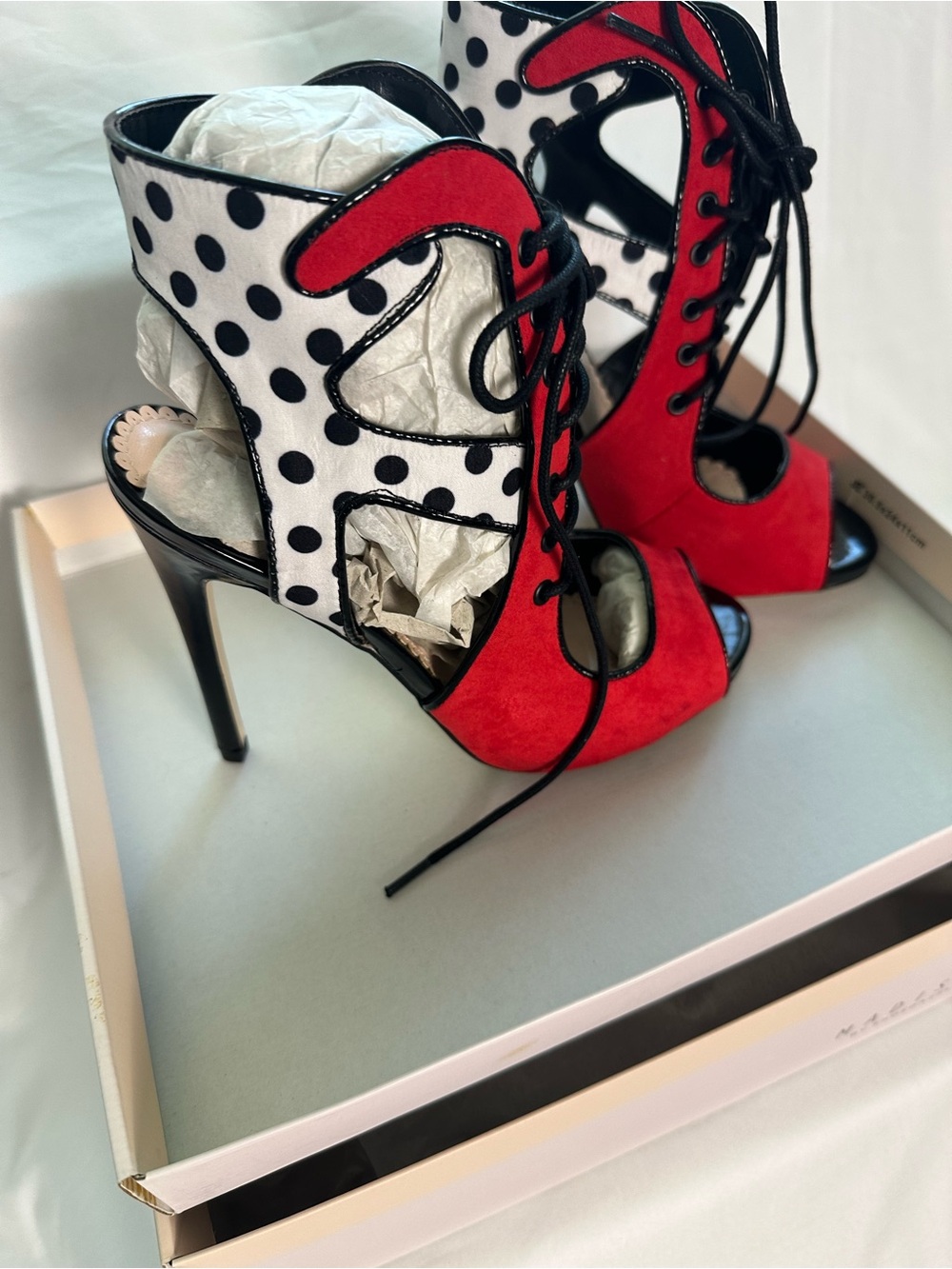 Madison by Shoedazzle Red Polka Dot Lace Up Heels NIB 6.5